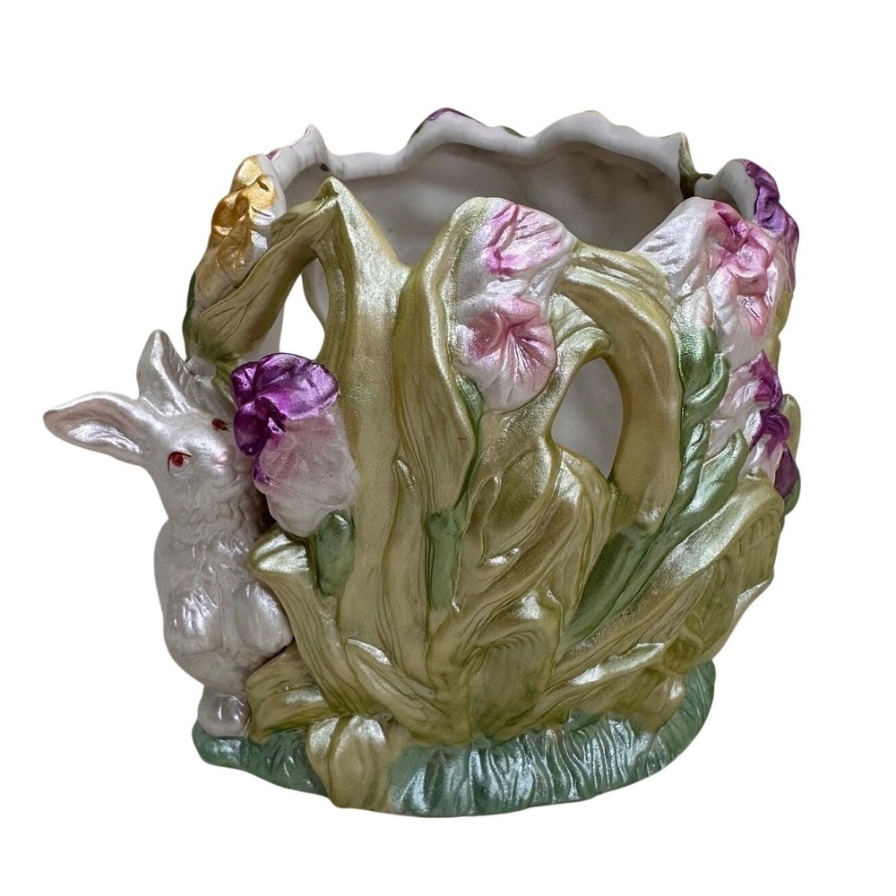 Giftcraft Bunny Rabbit Planter Floral Ceramic Easter Decor Pearlescent Votive